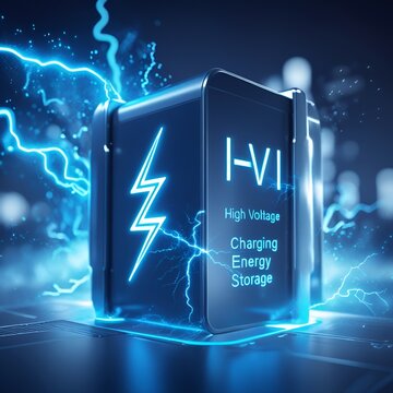 Future looking alternative energy technology concept with a digital lithium ion rechargeable battery symbol and a high voltage charging energy storage icon with bright blue neon lightning particles