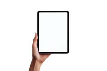 A hand holds a sleek tablet with a blank white screen, ideal for showcasing customizable content.