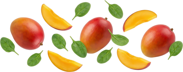 Two whole ripe mangoes and several vibrant orange mango slices are artfully arranged with fresh green spinach leaves fruit tropical food sweet juicy red leaf healthy natural transparent background