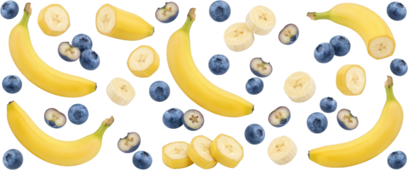 Whole and sliced ripe yellow bananas scattered with whole and halved fresh blueberries creating a vibrant fruit composition blueberry fresh blueberry tropical fruit sweet transparent background