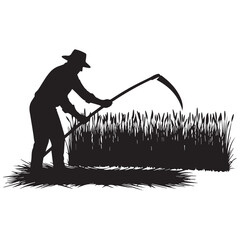 Farmer harvesting crops with sickle in field at sunset