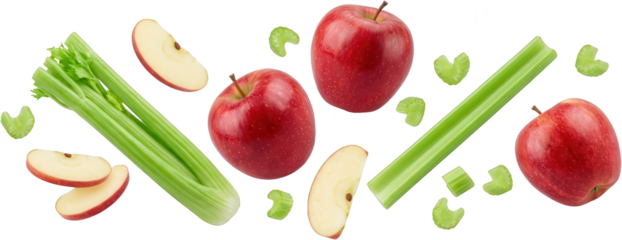 Fresh red apples celery stalks slices and pieces scattered in a dynamic composition vibrant and healthy ingredients sliced apple apple slice celery piece raw organic food transparent background