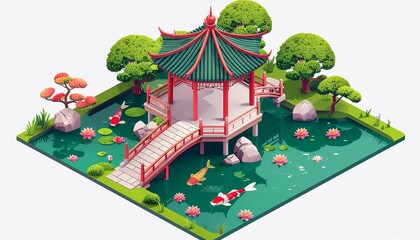 Serene Asian garden with koi pond and pagoda