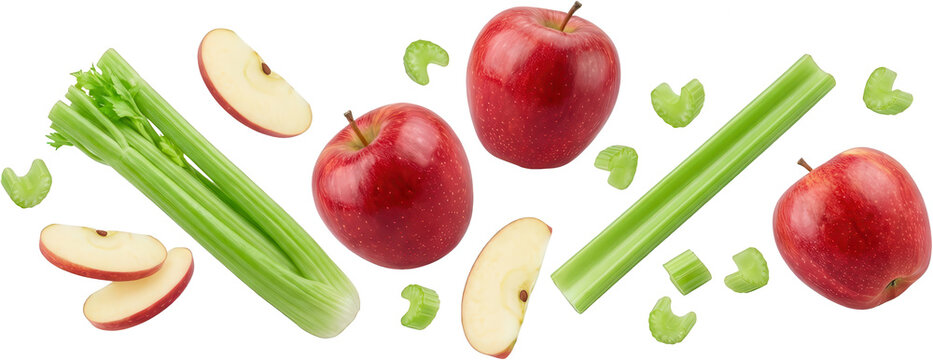 Fresh red apples celery stalks slices and pieces scattered in a dynamic composition vibrant and healthy ingredients sliced apple apple slice celery piece raw organic food transparent background