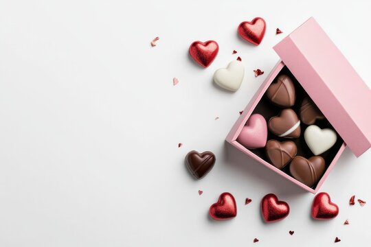 Open Valentine's Day gift box filled with heart-shaped chocolates in pink and white, surrounded by flower petals and small heart decorations