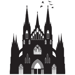 Gothic cathedral silhouette with spires and flying birds