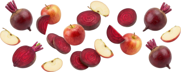 Fresh apple slices and vibrant red beetroot pieces scattered on a clean white background, showcasing natural textures, bold color contrast, healthy food concept, organic lifestyle.