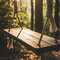 Rustic Wooden Swing in Forest Sunlight.