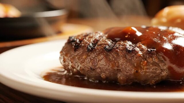 Juicy beef patty sears on a plate as rich sauce pours over a glossy, seared burger, mouthwatering!!!