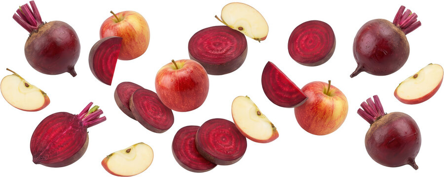 Fresh apple slices and vibrant red beetroot pieces scattered on a clean white background, showcasing natural textures, bold color contrast, healthy food concept, organic lifestyle.
