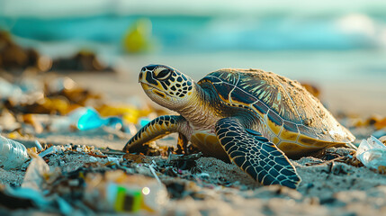 Sea turtle crawling through plastic waste on a polluted beach, highlighting ocean pollution and environmental crisis.