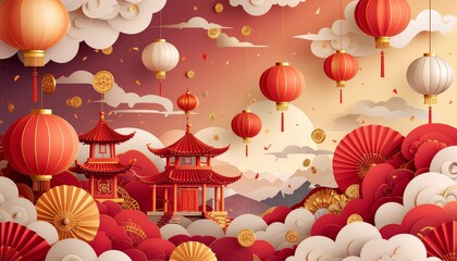 Vibrant Chinese pagodas surrounded by floating lanterns and fans