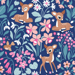 Cute woodland deer and spring flowers. Hand drawn floral background. Seamless vector pattern with fawn and bird.