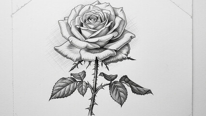Black and white rose illustration in detailed sketch style with shading on white paper for tattoo design