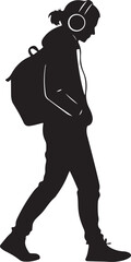 Black silhouette of a walking student with backpack and headphones
