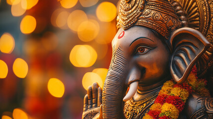 Statue of the Hindu god Ganesha with warm festive lights in the background, symbolizing spirituality, wisdom and cultural tradition.