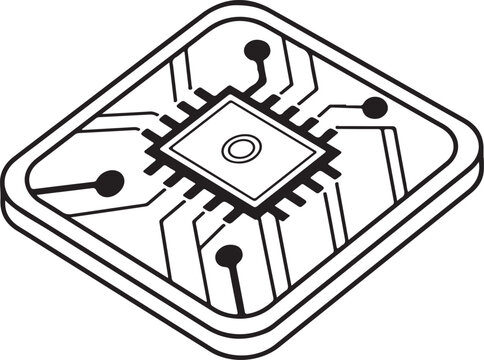 Isometric line icon of microchip on circuit board, black and white technology symbol