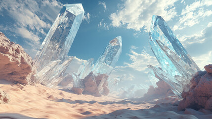 Crystal formations emerging from desert sand under blue sky creating a surreal fantasy landscape with glowing translucent shapes.