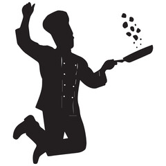 Silhouette of a chef jumping and tossing food in the air
