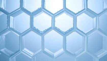 Close-up of icy, geometric honeycomb structure with a cool blue hue