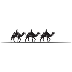 Silhouette of three riders on camels walking in a line