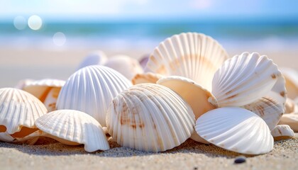 Close-up of seashells on sandy beach with ocean in background