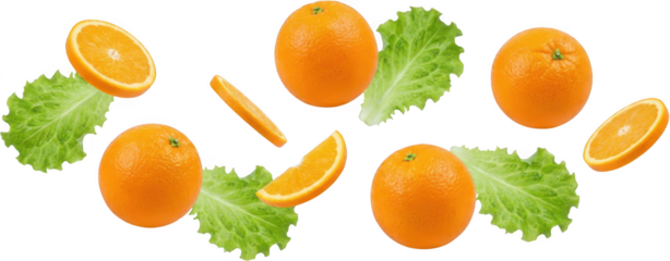 Whole and sliced fresh oranges with green lettuce leaves arranged in a dynamic scattered composition citrus fruit healthy food leaf ingredient natural organic vitamin C juicy transparent background