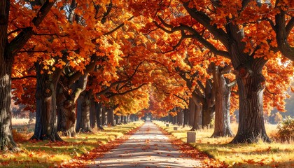 A scenic avenue lined with towering trees displaying vibrant orange and red foliage, leading into the distance. A sunny day