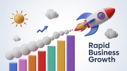 Rocket launches upwards over colorful bar graph symbolizing rapid business growth and success