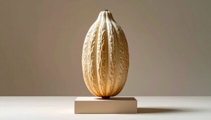 Beige pod on a light-toned pedestal, center aligned, soft lighting