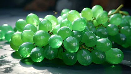 Close-up of glossy green grapes, clustered on a cool surface