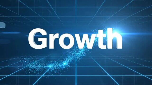 Growth particle trail rising across blue grid glow with business progress and innovation . business target logo with blue concentric rings and abstract technology elements . futuristic interface blue