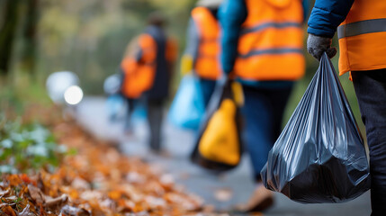 Faceless group of volunteers collecting trash by roadside, community service activity, environmental cleanup work, public space maintenance, litter collection effort, defocused participants,