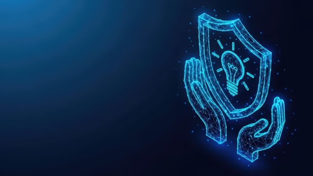 Digital hands carefully hold a glowing shield protecting an idea lightbulb representing innovation and intellectual property security