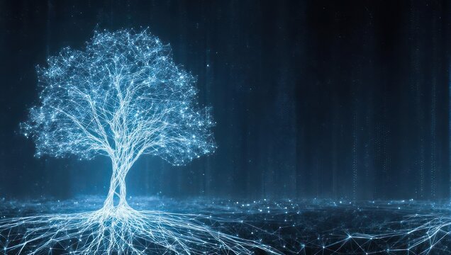 Glowing Digital Tree of Life with Intricate Root System on Dark Background.