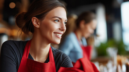 Faceless profile view of hostess in red apron cleaning table as they smile to each other, beautiful smiles, modern coffee house setting, restaurant service work, defocused faces, with copy space