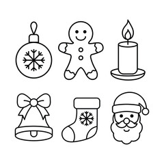 Set of Christmas line vector illustrations: gingerbread cookie, Christmas tree ornament, Santa Claus, Christmas stocking, candle, bell