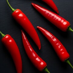 Top view of vibrant red chili peppers and crushed spice flakes in a wooden bowl on black background