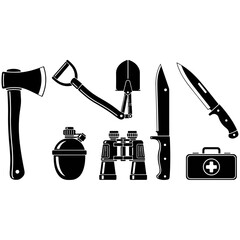 Collection of outdoor adventure tools equipment.