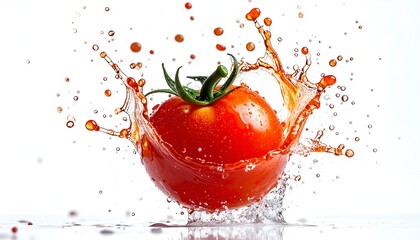 A vibrant red tomato bursts, creating a splash of juice against white
