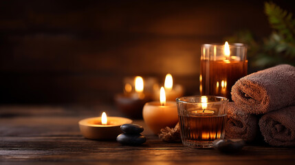 Wellness spa relaxation in candlelight atmosphere, peaceful spa environment, tranquil beauty treatment setting, serene self-care moment, calming therapeutic ambiance, with copy space