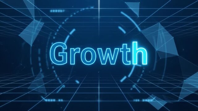Growth neon text futuristic digital grid with geometric circular HUD elements conveying progress and technology excitement. Business target digital bullseye with arrow and futuristic grid background