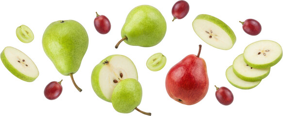 Vibrant collection of whole and sliced green and red pears with scattered red grapes appearing as a dynamic fruit arrangement green pear whole pear sliced pear grape cluster transparent background