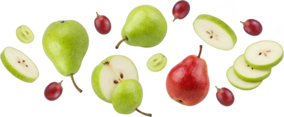 Vibrant collection of whole and sliced green and red pears with scattered red grapes appearing as a dynamic fruit arrangement green pear whole pear sliced pear grape cluster transparent background