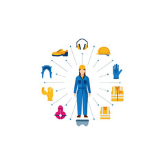 Female worker surrounded by personal protective equipment for workplace safety.