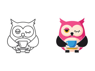 Obraz premium Owl drinking coffee or tea from a cup