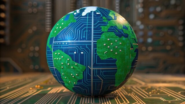 A globe depicted with a circuit board design, symbolizing the fusion of technology and geography, set against a backdrop of electronic components. - Powered by Adobe