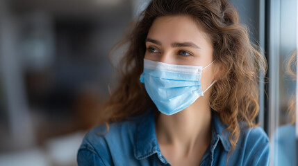 Faceless quarantine girl in her apartment due to coronavirus epidemic, pandemic isolation, home confinement, COVID-19 social distancing, indoor lockdown period, defocused person, with copy space