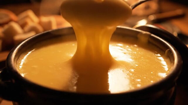 Creamy soup in a rustic pot, spoon resting, warm amber glow, bread fragments blurred, steam rising.
