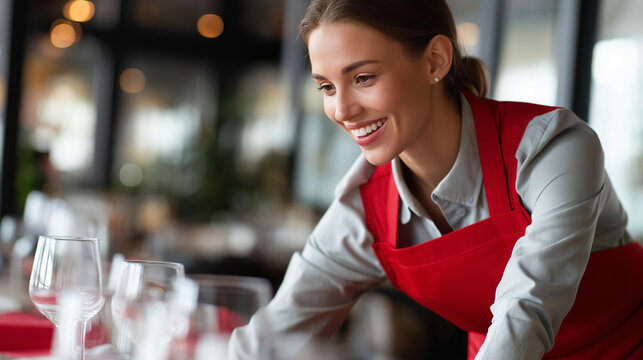 Faceless profile view of hostess in red apron cleaning table as they smile to each other, beautiful smiles, restaurant service interaction, hospitality work, defocused faces, with copy space